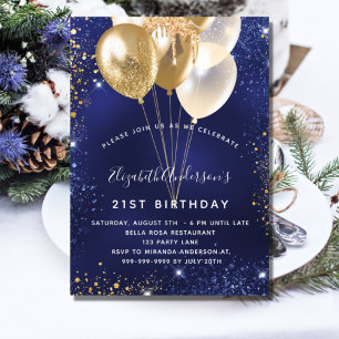 Invitation Bleu marine paillettes dorées ballons scintillants