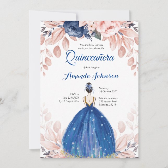 Invitation Bleu marine princesse Quinceañera espagnol 15e ann (Devant)