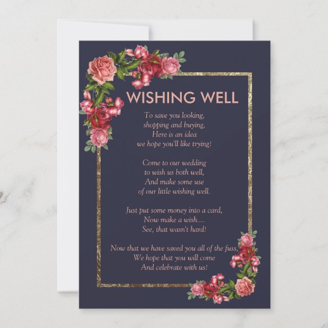 Invitation Bleu marine rose floral or puits de souhaits (Devant)