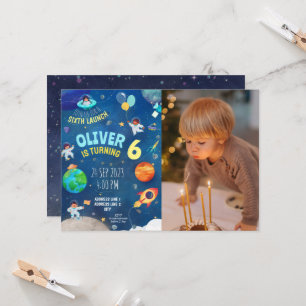 Invitation Bleu marine, thème spatial photo anniversaire