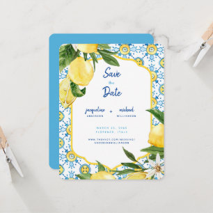 Invitation Bleu méditerranéen moderne & citrons Sauvez la dat