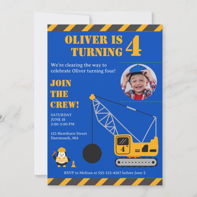 Invitation Bleu mignon Construction pour enfants Anniversaire (Devant)