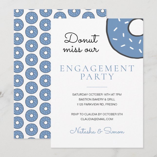 Invitation Bleu mignon Donut Drôle Partie d'engagement (Devant / Derrière)