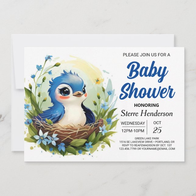 Invitation Bleu mignon Elegant Baby shower de garçon d'oiseau (Devant)