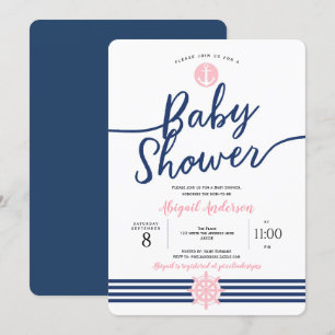 Invitation Bleu mignon, rose et marine, Nautique, Baby shower