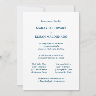 Invitation Bleu minimaliste Espagnol-Anglais Deux Réception