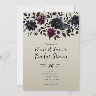 Invitation Bleu Minuit Bourgogne Floral Foncé Amande Mariage