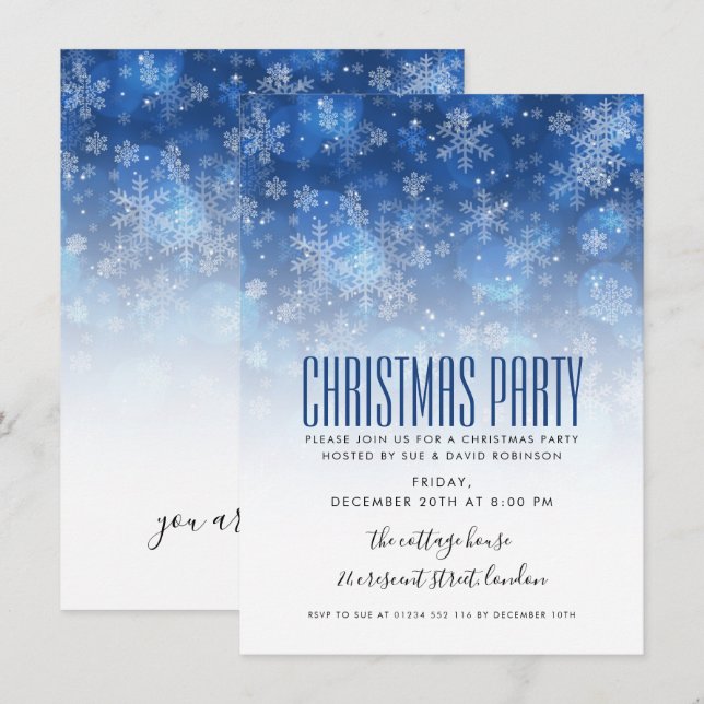 Invitation Bleu moderne et blanc de fête de vacances de Noël (Devant / Derrière)
