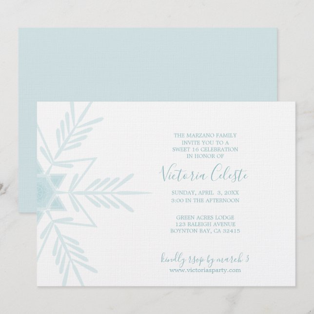 Invitation bleu moderne HIVER WONDERLAND doux 16 (Devant / Derrière)