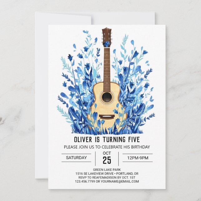 Invitation Bleu musicien guitare garçon Anniversaire (Devant)