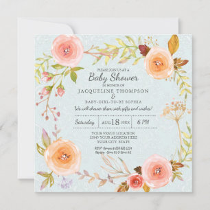Invitation Bleu n Aquarelle rose Floral Baby shower Damas