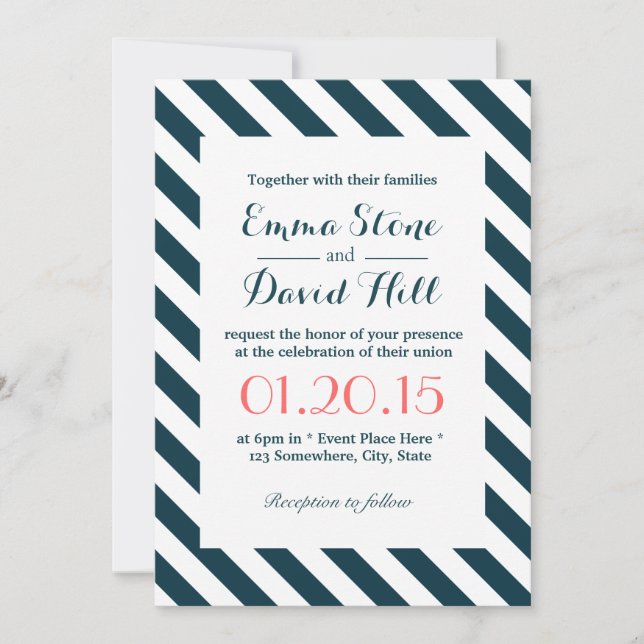 Invitation Bleu nautique et blanc Mariage diagonale (Devant)
