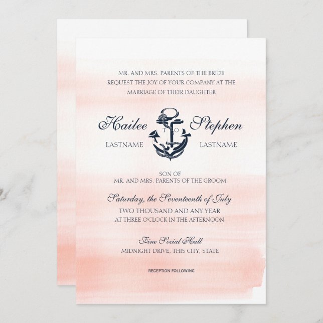 Invitation Bleu nautique et Mariage d'aquarelle marine (Devant / Derrière)