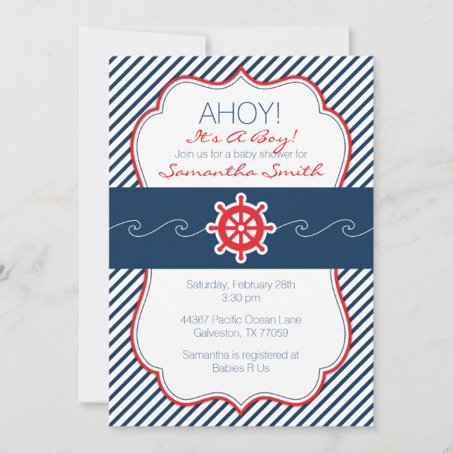 Invitation Bleu nautique et rouge d'Invitation-Marine de baby (Devant)