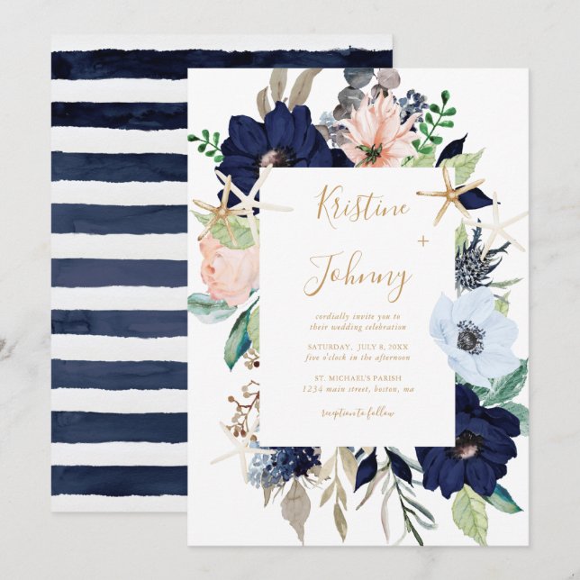 Invitation Bleu nautique Floral Or Starfish Mariage rayé (Devant / Derrière)
