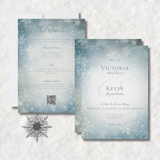 Invitation Bleu Neige et blanc Étincelle à deux côtés (Falling Snow Blue & White Sparkle All In One Invitation)