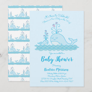 Invitation Bleu neutre pour le Baby shower des baleines