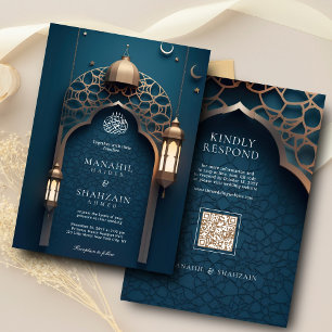 Invitation Bleu Nil Arc islamique 3D Élégant Mariage musulman