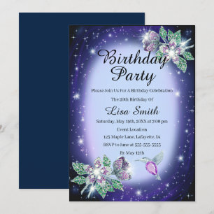 Invitation Bleu N'Importe Quel Âge Bling Oiseau Floral Annive
