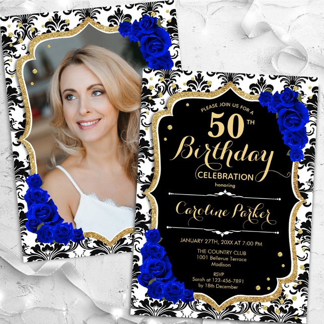 Invitation Bleu noir blanc Royal Photo 50e anniversaire (Créateur téléchargé)