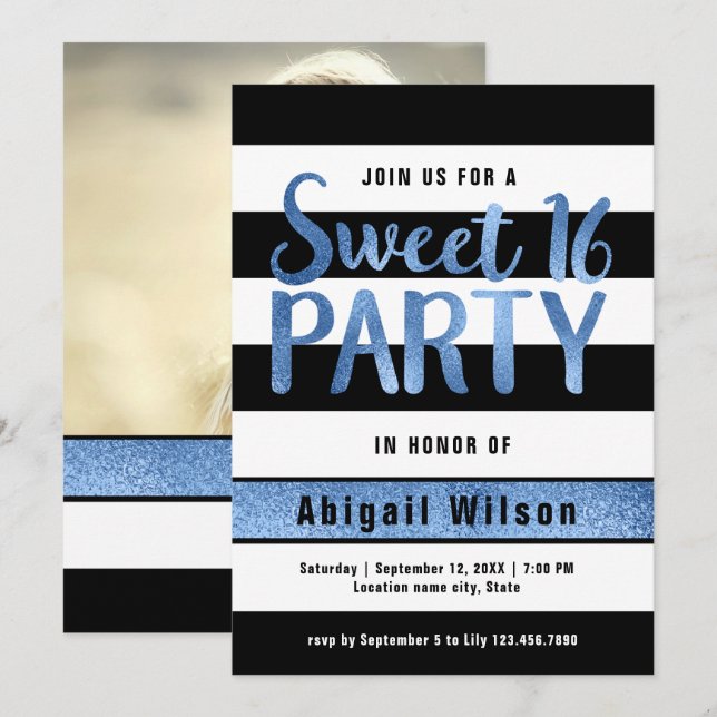 Invitation Bleu noir blanc sweet sixteen anniversaire (Devant / Derrière)