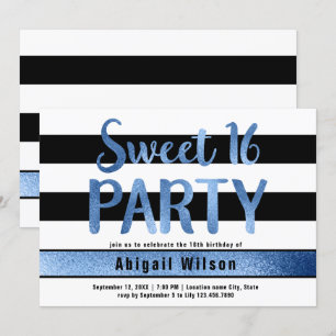 Invitation Bleu noir blanc sweet sixteen anniversaire
