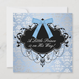 Invitation Bleu Noir Damas Bébé Prince Baby
