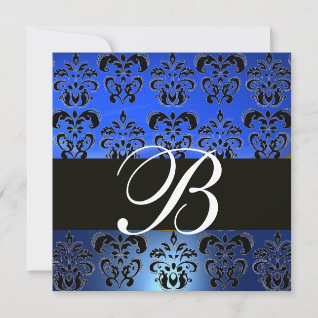 Invitation BLEU NOIR  DAMAS MONOGRAMME , blanc (Devant)