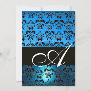 Invitation BLEU NOIR DAMAS MONOGRAMME ,blanc brillant