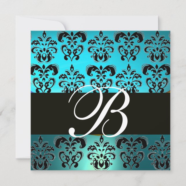 Invitation BLEU NOIR  DAMAS MONOGRAMME , turquoise blanc (Devant)