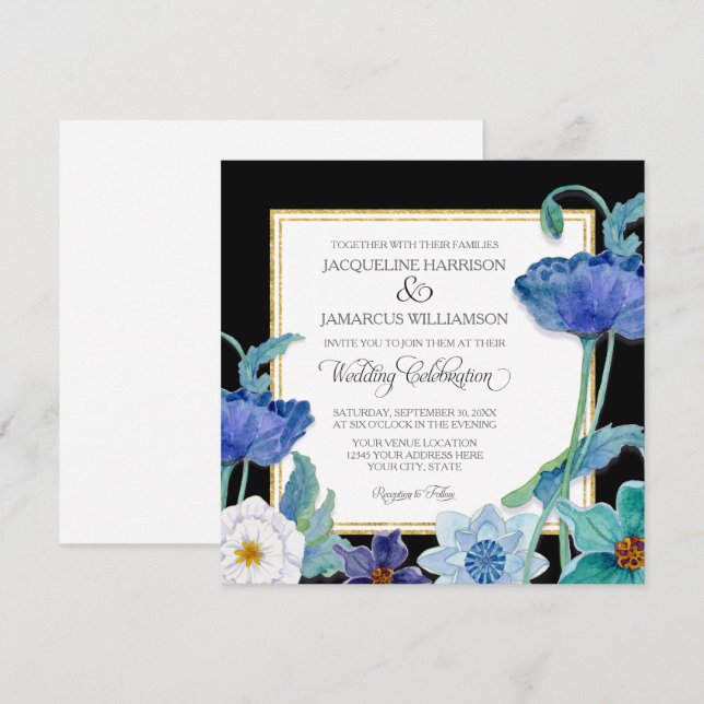 Invitation Bleu noir et blanc Aquarelle Flore Pavot floral Si (Devant / Derrière)