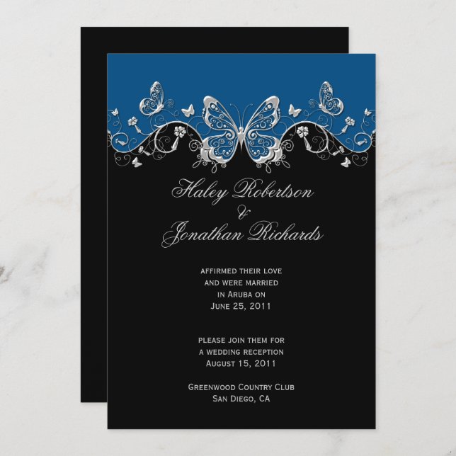 Invitation Bleu Noir Papillons Argent Mariage (Devant / Derrière)