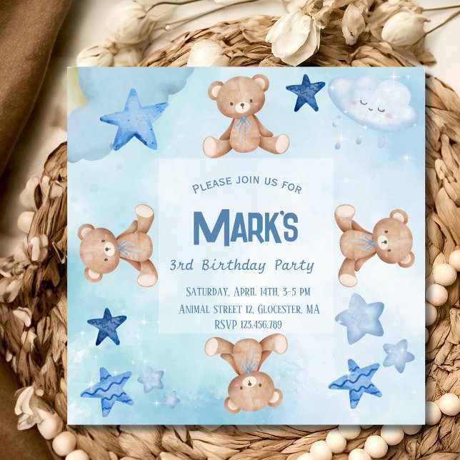 Invitation Bleu nounours mignon fête d'anniversaire Invitatio (Créateur téléchargé)