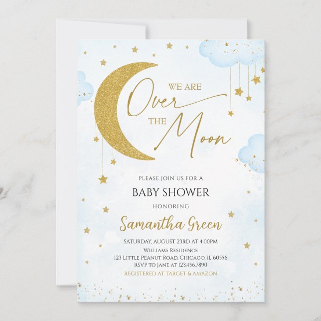 Invitation Bleu Nous sommes sur le Baby shower de la Lune (Devant)