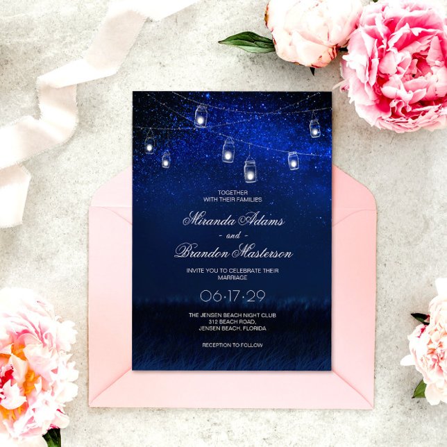 Invitation Bleu Nuit Argent Mason Jar String Mariage (Créateur téléchargé)