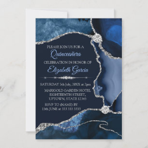 Invitation Bleu Nuit et Paillettes d'Argent Agate Quinceanera