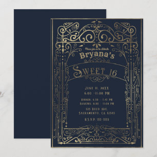 Invitation Bleu Nuit & Or Déco Vintage Victorien Douze Ans Fi