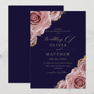 Invitation Bleu Nuit & Roses Poussiéreuses Mariage Moderne Él