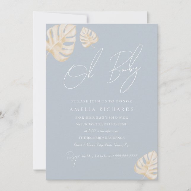 Invitation Bleu Oh Baby Boho Leaf Baby shower garçon (Devant)