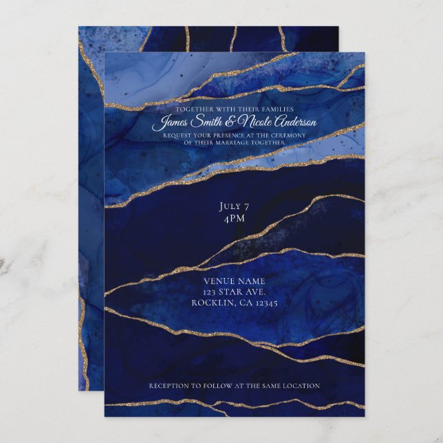 Invitation Bleu & Or Agate Glam moderne Mariage minimal (Devant / Derrière)