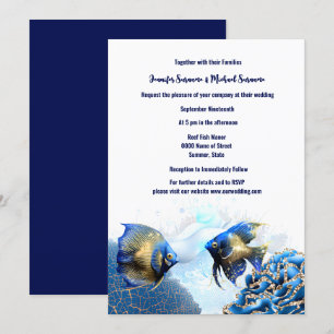 Invitation Bleu or ange poisson île de récif plage chic