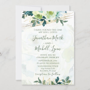 Invitation Bleu Or Blanc Floral Vert Mariage chrétien