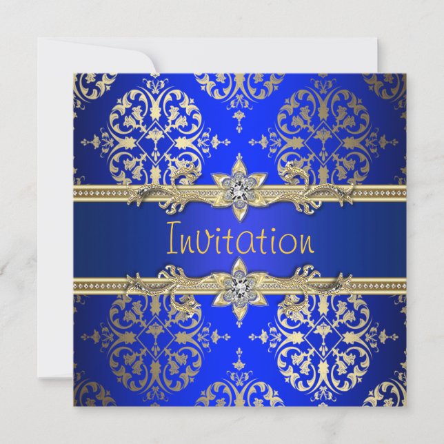 Invitation Bleu Or Damassé Bleu Royal Fête (Devant)