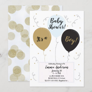 Invitation Bleu or et Ballons noirs C'est un Baby shower garç