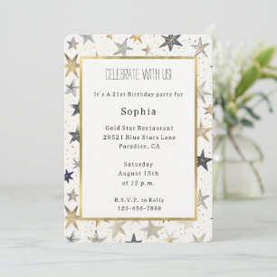 Invitation Bleu Or Étoiles Argent Anniversaire
