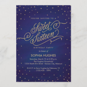 Invitation Bleu & Or Etoiles Sweet sixteen