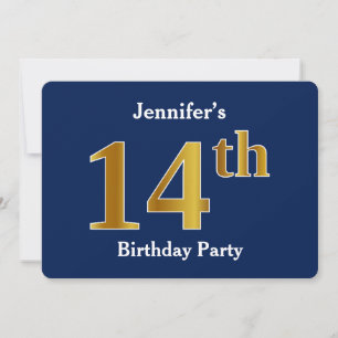 Invitation Bleu, Or Faux 14e Anniversaire + Nom Personnalisé