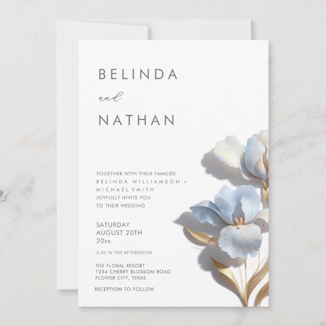 Invitation Bleu Or Fleurs 3D Blanches (Devant)