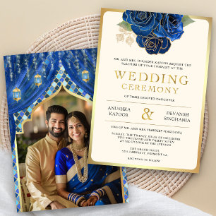 Invitation Bleu Or Floral Indien Hindou Photo Mariage