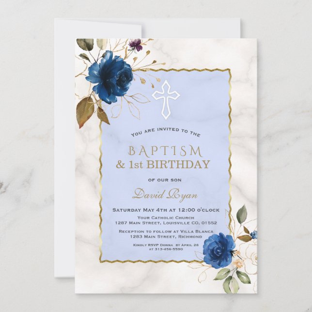 Invitation Bleu or Marbre Floral 1er Anniversaire & Baptême (Devant)